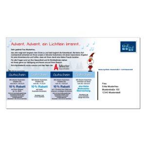 Eine Rückseite einer Advents-Aktionskarte mit vier Gutscheinen und einem Text und Muster Apotheken Logo. Aufbereitete für die Verteilung mit der Post