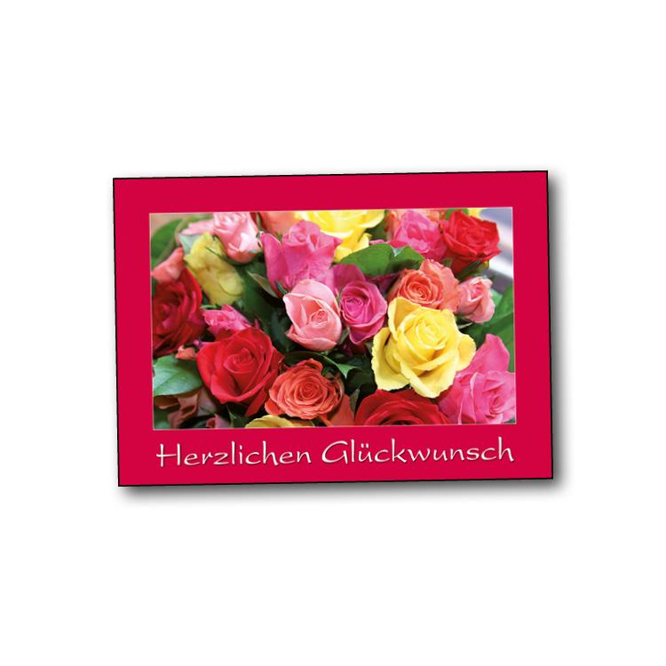Auf einem rotpinkten Hintergrund ist ein Foto von mehreren bunten Rosen. Darunter steht in weißer Schrift "Herzlichen Glückwunsch"