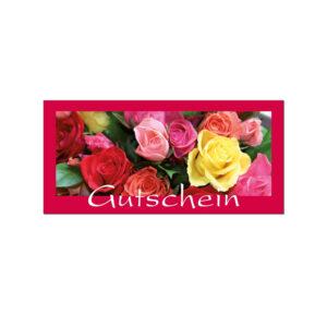 Auf einem rotpinkten Hintergrund ist ein Foto von mehreren bunten Rosen. Darunter steht in weißer Schrift "Gutschein"