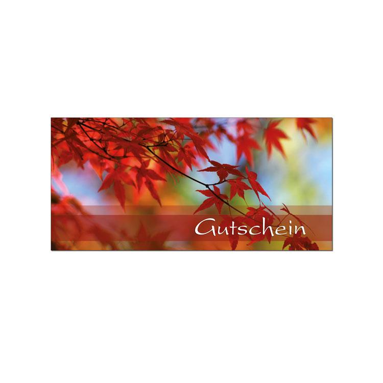 Ein Foto von einem roten Ahornzweig. Im unteren Bereich sind zwei transparente rote Balken mit weißer Schrift "Gutschein".