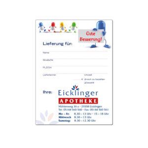 Indivdueller Zustellaufkleber der Eicklinger Apotheke. Mit bunten Kapseln im oberen Bereich und einem großen Logo und Kontaktdaten der Apotheke im untern Bereich.