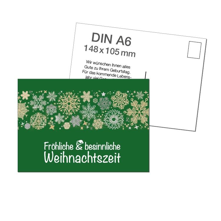 Bild von der Titel sowie Rückseite einer DIN A6 Postkarte. Auf grünem Hintergund ist ein Streifen mit goldenen und silbernen Schneeflocken. Darunter steht der Text "Fröhliche & besinnliche Weihnachtszeit"