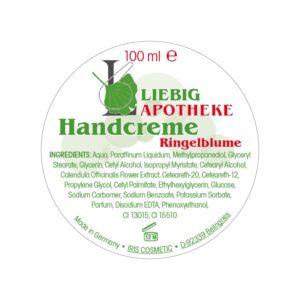 Beispiel eines Ringelblumen Handreme Deckeletiketts der Liebig-Apotheke