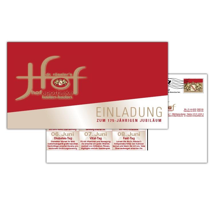 Beispiel für eine Jubiläumskarte der Dr. Rösslers Hofapotheke in Baden-Baden. Auf der Rückseite sind Gutscheine zu erkennen