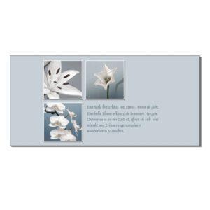 Auf grauem Hintergrund sind drei Quadrate angeordnet mit Bildern von weißen Blumen. Daneben steht ein Text "Eine Seele hinterlässt uns etwas, wenn sie geht: Eine helle Blume pflanzt sie in unseren Herzen. Und wenn es an der Zeit ist, öffnet sie sich und schenkt uns Erinnerungen an einen wunderbaren Menschen.