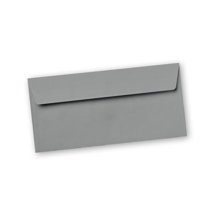 Bild von der Rückseite eines DIN lang Briefumschlags in silberner Farbe