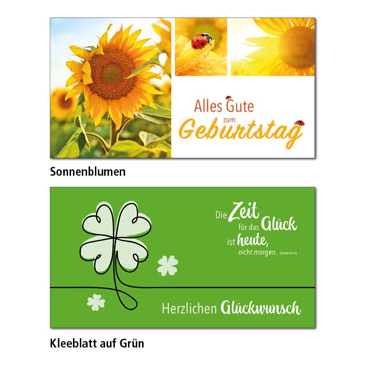 Zwei Geburtstagskarten-Motive Sonnenblumen: Links ein Bild einer Sonnenblume. Rechts daneben in zwei kleineren Fotos sind ein Marienkäfer auf einer Sonnenblume und eine Sonnenblume mit Sonnenschein zu sehen. Darunter steht der Text "Alles Gute zum Geburtstag". Kleeblatt auf Grün: Auf grünem Hintergrund sind drei vierblättrige grafische Kleeblätter zu sehen und dazu den Tesxt. Die Zeit für das Glück ist heute, nicht morgen. Herzlichen Glückwunsch