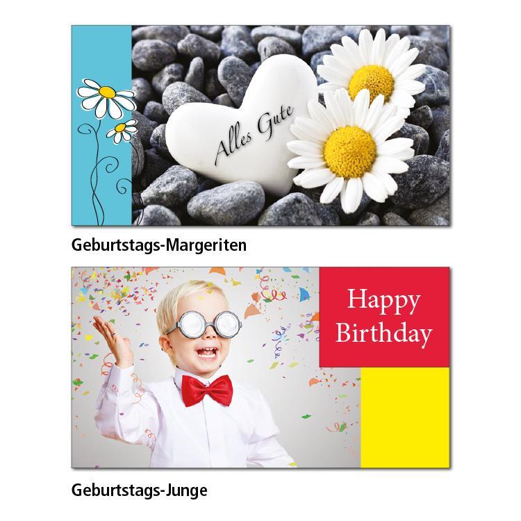 Zwei Geburtstagskarten-Motive Geburtstags-Margeriten: Auf hellblauem Hintergund sind zwei gezeichnete Margeriten. Rechts daneben ist ein Foto von einem Steinherz mit zwei Margeriten und der Text "Alles Gute" Geburtstags-Jung: Ein Foto von einem kleinen blonden Jungen mit roter Fliege und großer Brille. Im rechten oberen roten Eck steht "Happy Birthday!"