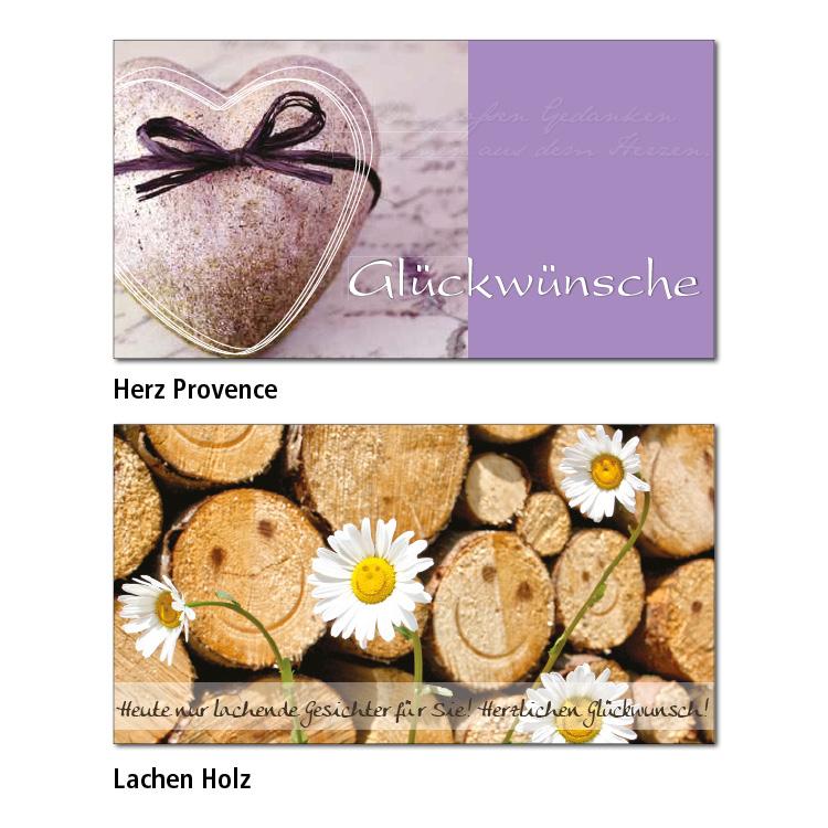 Zwei Geburtstagskarten-Motive Herz Provence: Auf der linken Hälfte ist ein Foto von einem Steinherz mit lila Schleife abgebildet. Rechts davon ist ein fliederfarbener Hintergrund. Als Text steht "Glückwünsche" in weiß. Lachen Holz: Vor einem Holzstapel mit runden Baumstämmen stehen vier Margeriten mit Smiley. In einem weißen transparenten Balken steht der Text "Heute nur lachende Gesichter für Sie! Herzlichen Glückwunsch"