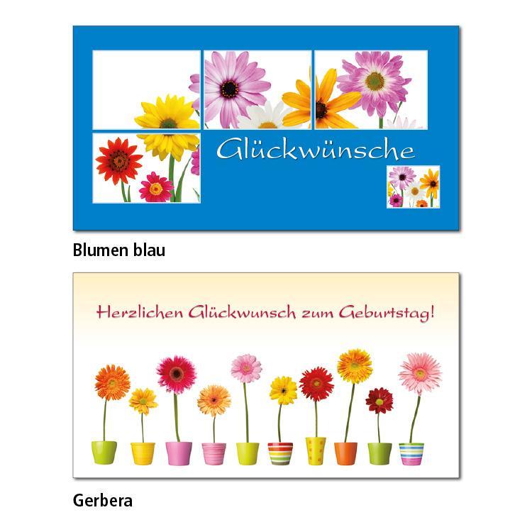 Zwei Geburtstagskarten-Motive Blumen blau: Auf hellblauem Hintergrund sind mehrere Vierecke mit bunten Blumen abgebildet. Auf blau steht der Text "Glückwünsche" Gerbera: Auf einem hellgelben Verlauf im Hintergrund stehen nebeneinander bunte Töpfe mit je einer bunten Gerbera darin. Darüber steht der Text "Herzlichen Glückwunsch zum Geburtstag.