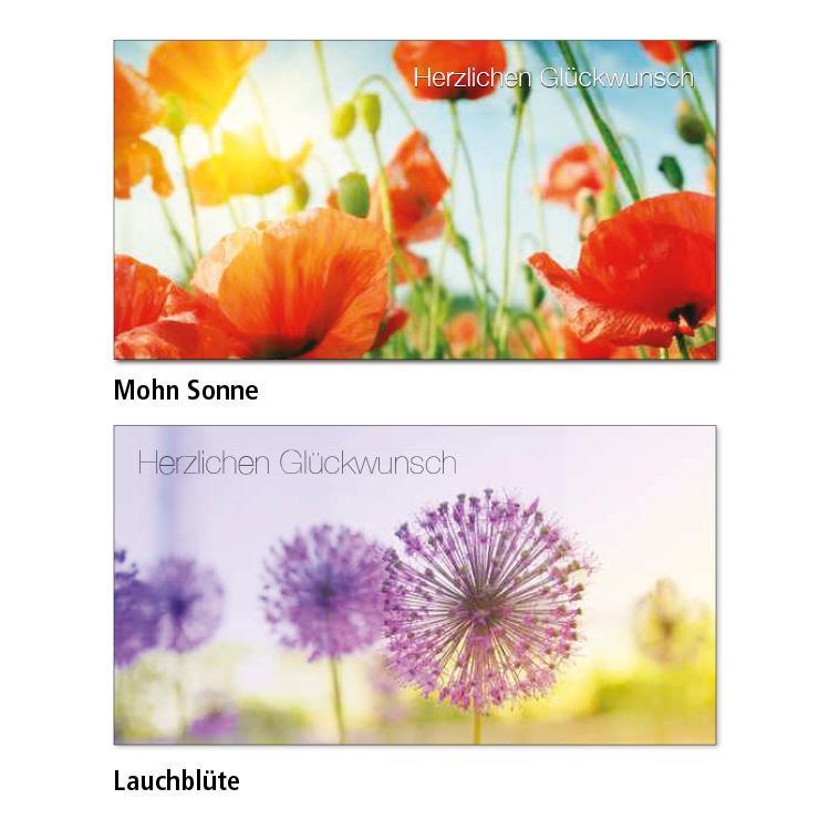 Zwei Geburtstagskarten-Motive Mohn Sonne: Ein Foto einer Mohnwiese, welche vom Boden in Richtung Sonne und Himmel fotografiert wurde. Rechts oben steht in weißer Schrift "Herzlichen Glückwunsch". Lauchblüte: ein Bild von mehereren Lauchblüten, wobei die Vorderste scharf ist und die restlichen Blüten unscharf. Links oben steht "Herzlichen Glückwunsch"