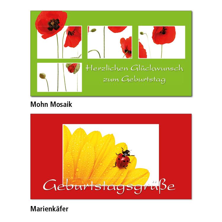 Zwei Geburtstagskarten-Motive Mohn Mosaik: Auf hellgrünem Hintergrund sind mehrere Vierecke mit Mohnblumen abgebildet. Auf grün steht der Text "Herzlichen Glückwunsch zum Geburtstag" Marienkäfer: Auf einem roten Hintergrund ist das Bild eines Marienkäfers auf einer gelben Blume. Als Text steht darunter "Geburtstagsgrüße"