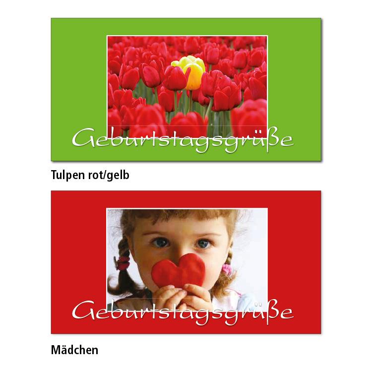Zwei Geburtstagskarten-Motive Tulpen rot/gelb: Auf einem hellgrünen Hintergrund ist das Bild von einer roten Tulpenwiese mit einer einzenen gelben Tulpe. Als Text steht darunter "Geburtstagsgrüße" Mädchen: Auf einem roten Hintergrund ist das Bild von einem Mädchen was ein rotes Herz vor das Gesicht hält. Als Text steht darunter "Geburtstagsgrüße"