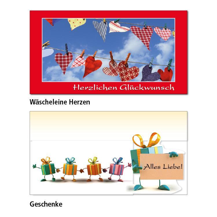 Zwei Geburtstagskarten-Motive Wäscheleine Herzen: Auf einem roten Hintergrund ist ein Foto von zwei Wäscheleinen, an denen bunte Herzen aufgehängt sind. Darunter steht in weißer Schrift "Herzlichen Glückwunsch" Geschenke: Auf einem hellgelben Verlauf im Hintergrund sind 5 Geschenkpäckchen mit Armen und Beinen abgebildet. Das Geschenktpäckchen ganz recht hält ein Schild, auf dem in schwarzer Schrift "Alles Liebe!" steht.