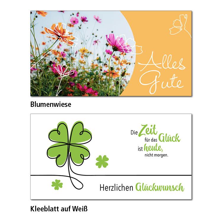 Zwei Geburtstagskarten-Motive Blumenwiese: Auf der linken Seite ist ein Foto on einer bunten Blumenwiese. Daneben auf apricotfarben Hintergrund steht "alles Gute". Kleeblatt auf Weiß: Auf weißem Hintergrund sind drei vierblättrige grafische Kleeblätter zu sehen und dazu den Tesxt. Die Zeit für das Glück ist heute, nicht morgen. Herzlichen Glückwunsch