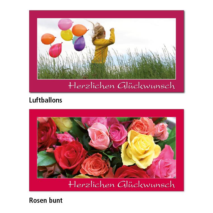 Zwei Geburtstagskarten-Motive Luftballons: Auf einem pinkten Hintergrund ist ein Foto von einem Mädchen mit Luftballons das durch hohes Gras rennt. Darunter steht in weißer Schrift "Herzlichen Glückwunsch" Rosen bunt: Auf einem rotpinkten Hintergrund ist ein Foto von mehreren bunten Rosen. Darunter steht in weißer Schrift "Herzlichen Glückwunsch"