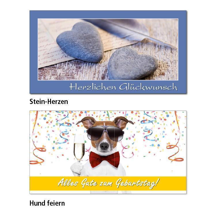 Zwei Geburtstagskarten-Motive Stein-Herzen: Ein blauer Hintergrund mit dem Text "Herzlichen Glückwunsch" und einem Bild von zwei Steinherzen mit einer Feder und Brief im Hintergrund Hund feiern: Ein Jack Russel mit Sonnenbrille, Fliege und Sektglas vor einem Konfetti-Hintergrund mit Text "Alles Gute zum Geburtstag"