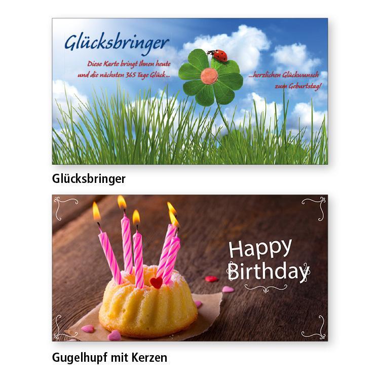 Zwei Geburtstagskarten-Motive Glücksbringer: Kleeblatt auf einer Wiese mit Glücks-Cent und Marienkäfer Gugelhupf mit Herzen: Ein kleiner Gugelhupf mit 5 rosa Geburstagskerzen und Herz-Konfetti