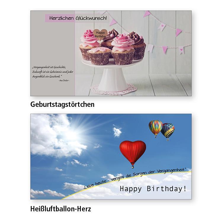 Zwei Geburtstagskarten-Motive Geburtstagstörtchen: Ein Kuchenständer mit mehreren Cupcakes mit rosa Verzierung und der Text "Herzlichen Glückwunsch" Heißlufballon-Herz: Ein Bild des Himmels mit mehreren Heißluftballons, einer davon in Herzform mit der Unterschrift "Happy Birthday!"