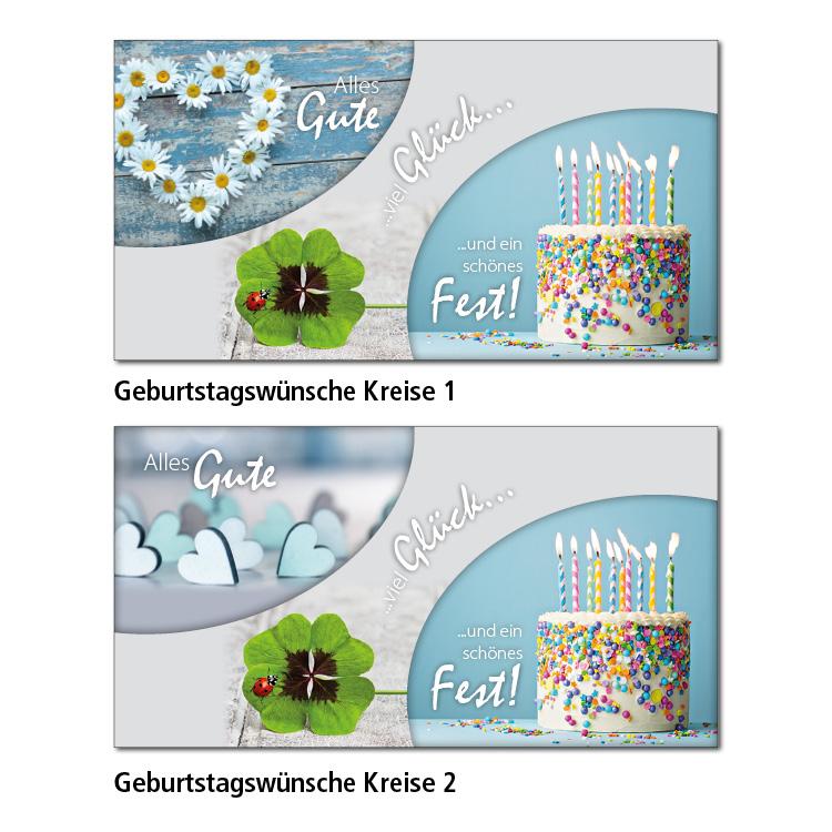 Zwei Geburtstagskarten-Motive Geburtstagswünsche Kreise 1: In der linken oberen und der rechten unteren Ecke sind zwei Fotos von einem Margeritenherz und einem Geburtstagskuchen. Im grauen Zwischenraum ist ein Foto von einem vierblättrigem Kleeblatt und der Text "Alles Gute...viel Glück...ein schönes Fest!" Geburtstagswünsche Kreise 2: In der linken oberen und der rechten unteren Ecke sind zwei Fotos von blauen Herzen und einem Geburtstagskuchen. Im grauen Zwischenraum ist ein Foto von einem vierblättrigem Kleeblatt und der Text "Alles Gute...viel Glück...ein schönes Fest!"