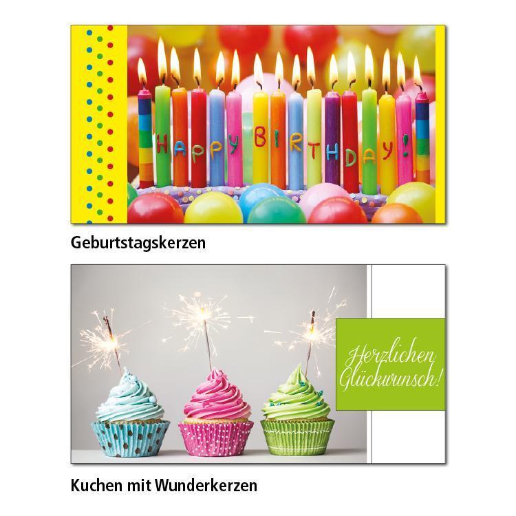 Zwei Geburtstagskarten-Motive Geburtstagskerzen: Auf einem gelben Hintergrund ist ein Foto von bunten brennenden Kerzen. Auf den Kerzen steht "Happy Birthday" Kuchen mit Wunderkerzen: Auf einem Bild sind drei Cupcakes nebeneinader angeordnet und jeweils eine Wunderkerze steckt darin. Rechts ist ein grünes Rechteck mit "Herzlichen Glückwunsch!"