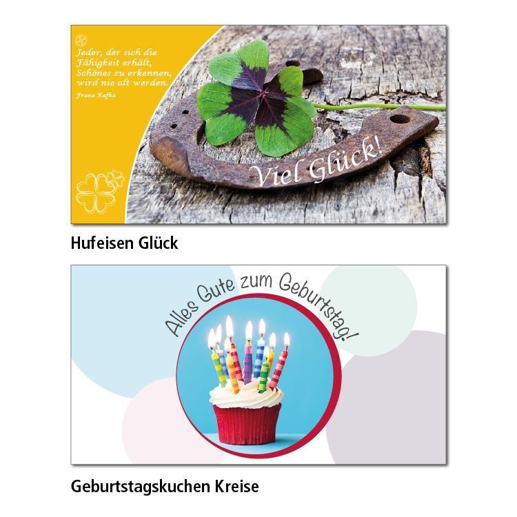 Zwei Geburtstagskarten-Motive Hufeisen Glück: Auf dem linken gelben Hintergund steht ein Spruch "Jeder, der sich die Fähigkeit erhält Schönes zu erkennen, wird nie alt werden. Daneben ist ein Foto von einem Hufeisen und einem vierblättrigen Kleeblatt mit Text "Viel Glück". Geburtstagskuchen Kreise: In der Mitte ist ein Bild von einem Cupcake mit bunten Kerzen. Darüber steht "Alles Gute zum Geburtstag". Im Hintergund sind abgeschwächte Kreise zu sehen.