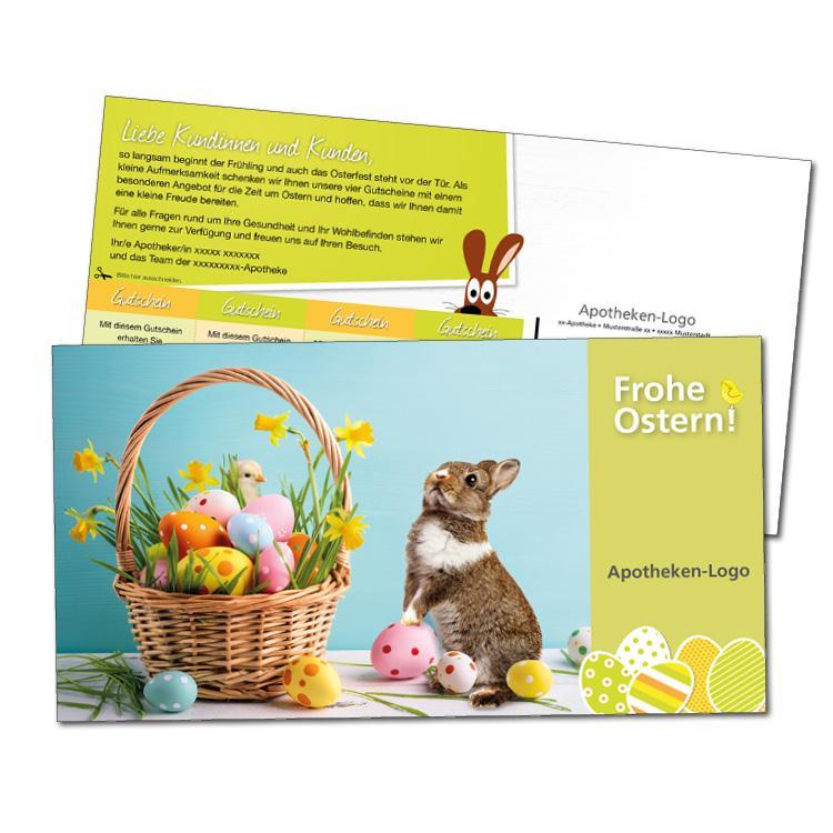2-seitige Oster-Aktionskarte im Standard Maxi Format. Auf der Vorderseite sind ein Hase neben einem Korb mit Osterglocken, einem Küken und bunten Ostereiern mit dem Text "Frohe Ostern!" zu sehen, auf der Rückseite ein Text an die Kunden sowie verschiedene Gutscheine