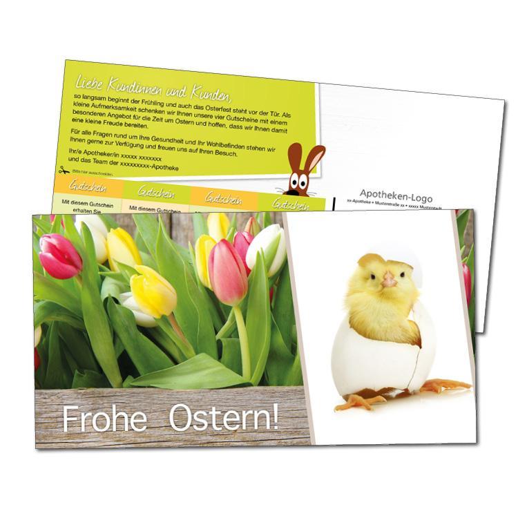 2-seitige Oster-Aktionskarte im Standard Maxi Format. Auf der Vorderseite sind Tulpen sowie ein Küken in seiner Schale mit dem Text "Frohe Ostern!" zu sehen, auf der Rückseite ein Text an die Kunden sowie verschiedene Gutscheine