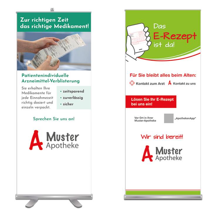 Beispiele von zwei Roll-Ups, eins zum Thema individuelle Verblisterung, das andere zum Thema E-Rezept
