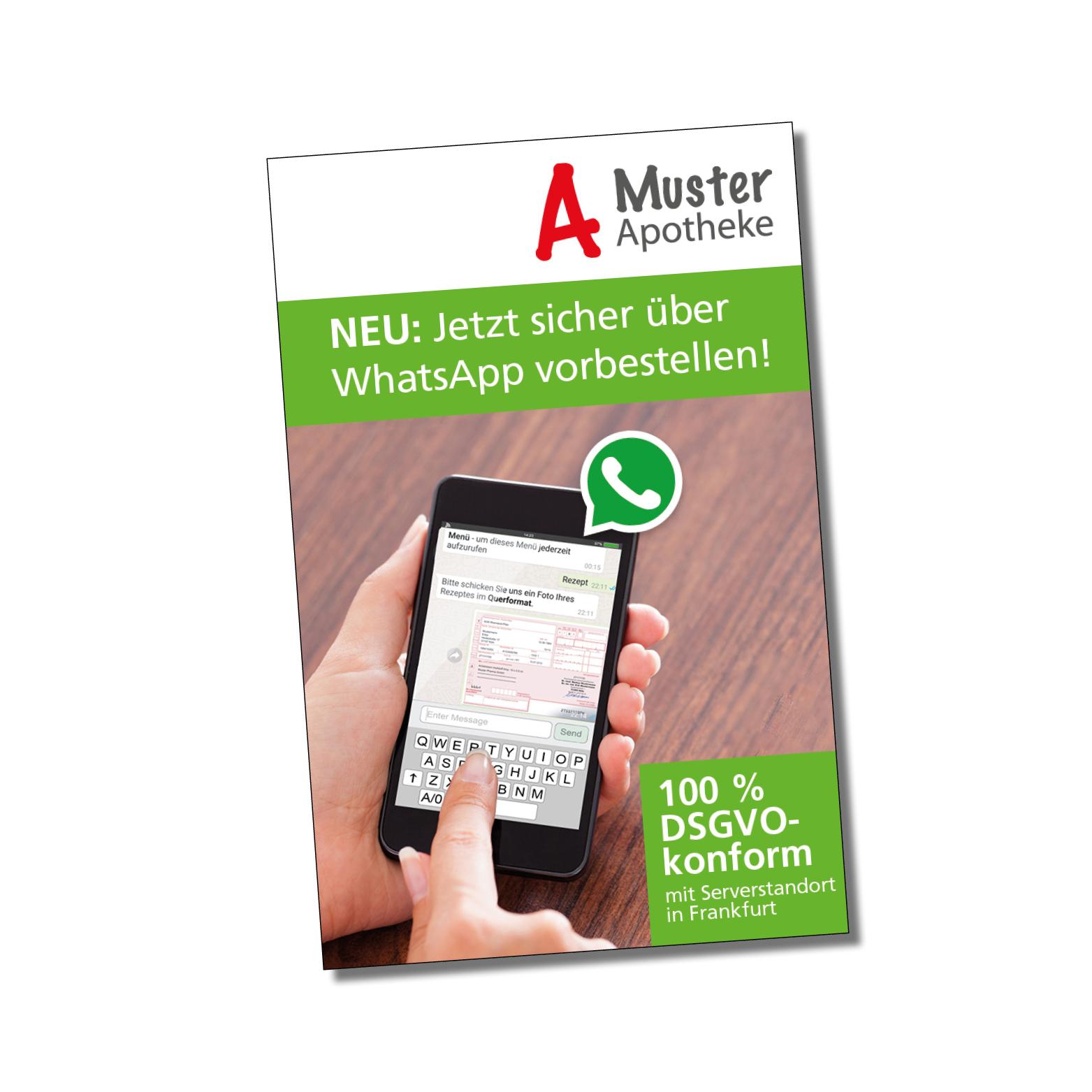 2-seitiger Flyer im Visitenkartenformat für Apotheken zum Thema Vorbestellung über WhatsApp. Abgebildet ist eine Hand mit Smartphone und einem Whatsapp-Chat. Darüber steht "NEU: Jetzt sicher über WhatsApp vorbestellen!"