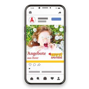 Smartphone mit Instagram Post einer Apotheke zu aktuellen Angeboten