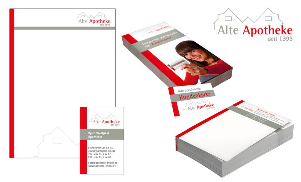 Briefbogen, Visitenkarten, Kundenkarte und Rezeptblock der Alten Apotheke