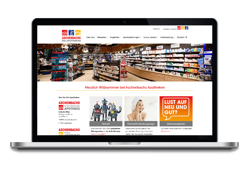 Mockup eines Laptops mit der Startseite der Homepage von Aschenbachs Apotheken