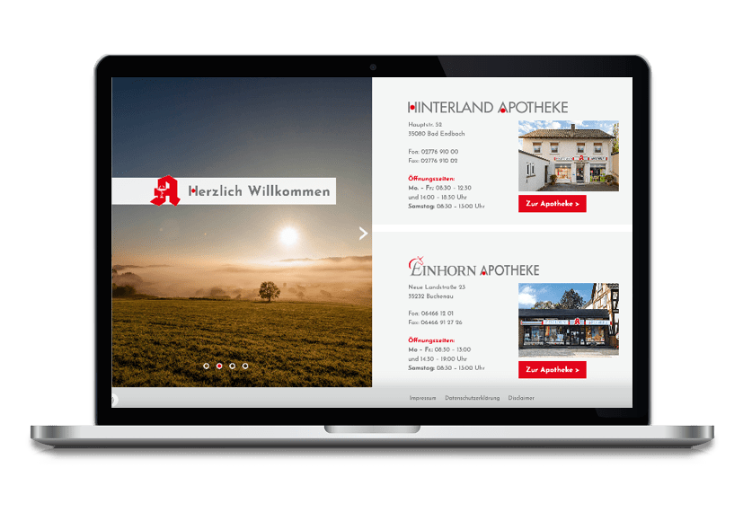 Mockup eines Laptops mit der Startseite der Homepage der Hinterland Apotheke und Einhorn Apotheke