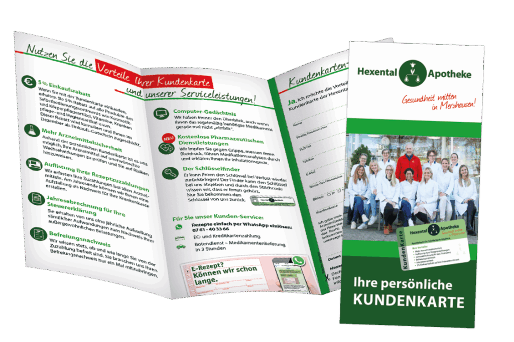 6-seitiger Flyer der Hexental-Apotheke mit Kundenkartenantrag