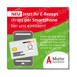 Social Media-Vorlage für Apotheken zum Thema Bestellung per Cardlink. Auf dem Bild ist die Abbildung eines Smartphones mit Gesundheitskarte sowie der Text "Neu: Jetzt Ihr E-Rezept direkt per Smartphone bei uns einlösen! Halten Sie Ihre Gesundheitskarte an Ihr Smartphone und lösen Sie Ihr Rezept mit unserer App einfach bei uns ein."