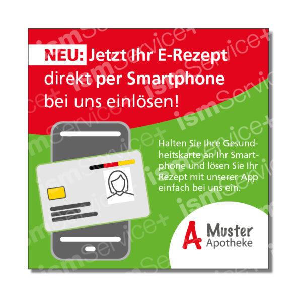 Social Media-Vorlage für Apotheken zum Thema Bestellung per Cardlink. Auf dem Bild ist die Abbildung eines Smartphones mit Gesundheitskarte sowie der Text "Neu: Jetzt Ihr E-Rezept direkt per Smartphone bei uns einlösen! Halten Sie Ihre Gesundheitskarte an Ihr Smartphone und lösen Sie Ihr Rezept mit unserer App einfach bei uns ein."