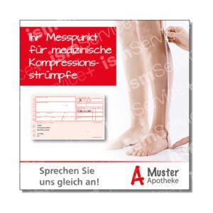 Social Media-Vorlage für Apotheken zum Thema Anmessen von Kompressionsstrümpfen. Abgebildet sind ein Paar Beine, die mit einem Maßband gemessen werden sowie ein rosa Rezept