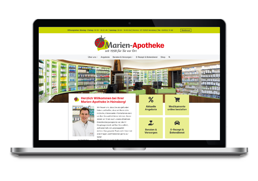 Mockup eines Laptops mit der Startseite der Homepage der Marien-Apotheke Heinsberg