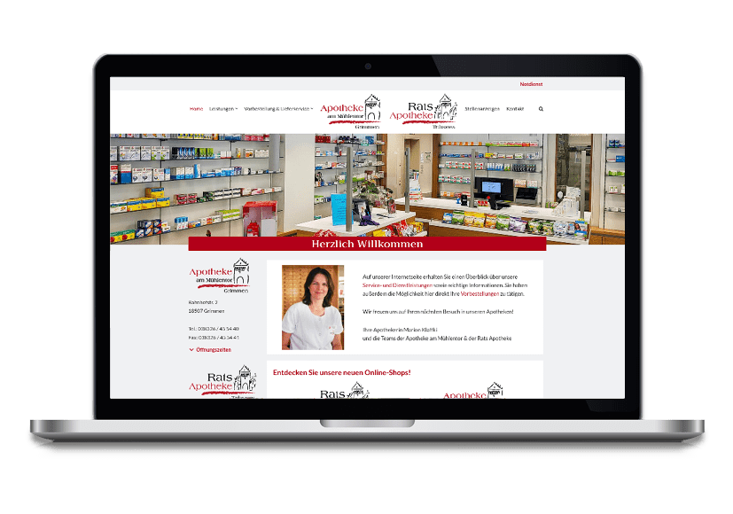 Mockup eines Laptops mit der Startseite der Homepage der Rats Apotheke und Apotheke am Mühlentor