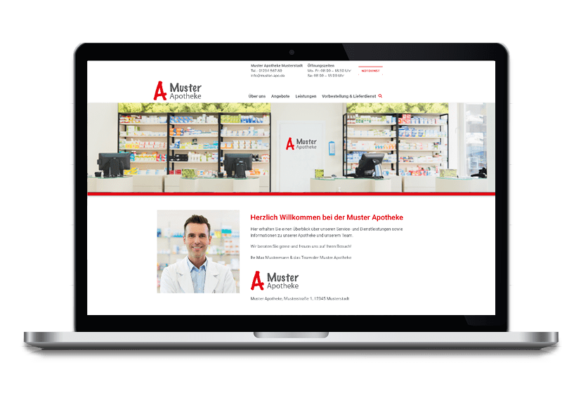 Mockup eines Laptops mit der Startseite einer Muster-Apothekenhomepage