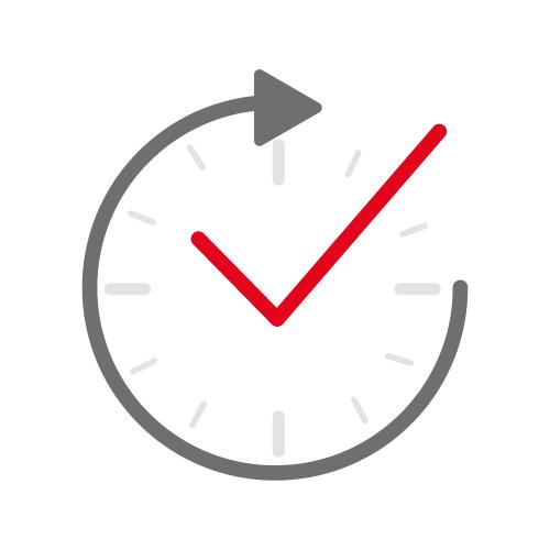 Icon einer Uhr. Außenrum ist ein dunkelgrauer Pfeil und die Uhrzeiger ein roter Haken