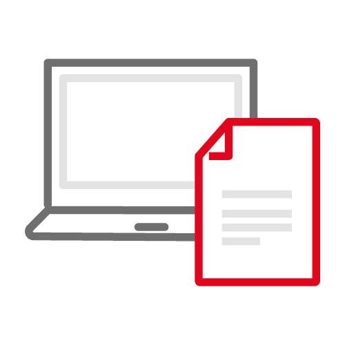 icon eines grauen Laptops vor der ein Blatt mit roter Umrandung steht