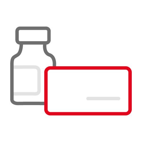 Icon einer grauen Pillendose, vor der ein rotes Rechteck eine Medikamentenschachtel darstellt