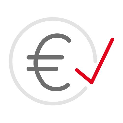 Icon eines hellgrauen Kreises durchbrochen von einem roten Haken. Darin ist ein graues Euro-Zeichen