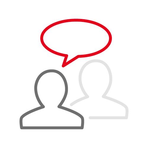 Icon mit 2 Kopf-Silhouetten in hell und dunkelgrau. Darüber schwebt eine rote Sprechblase